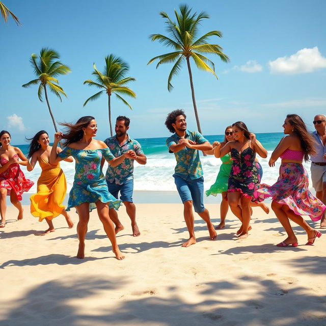 A vibrant Latin beach dance scene featuring a group of dancers performing lively salsa and merengue moves on a sun-kissed sandy beach