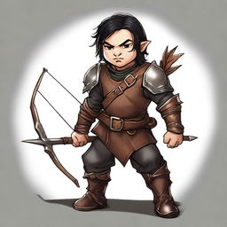 A brave male halfling with fair skin and black hair, clothed in stained, well-worn leather armor