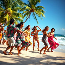 A vibrant Latin beach dance scene featuring a group of dancers performing lively salsa and merengue moves on a sun-kissed sandy beach