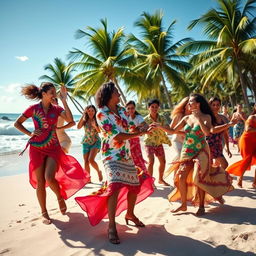 A vibrant Latin beach dance scene featuring a group of dancers performing lively salsa and merengue moves on a sun-kissed sandy beach