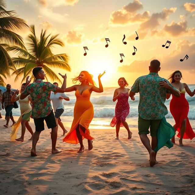 A vibrant Cuban beach scene featuring joyful dancers engaged in traditional salsa dancing on the sandy shore