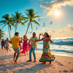 A vibrant Cuban beach scene featuring joyful dancers engaged in traditional salsa dancing on the sandy shore