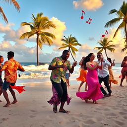 A vibrant Cuban beach scene featuring joyful dancers engaged in traditional salsa dancing on the sandy shore