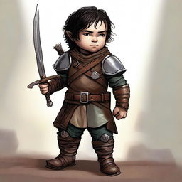 A brave male halfling with fair skin and black hair, clothed in stained, well-worn leather armor