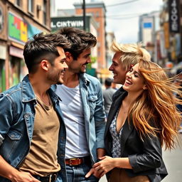 A dynamic scene featuring two men and one woman, set against a backdrop of an urban landscape