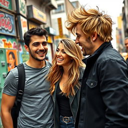 A dynamic scene featuring two men and one woman, set against a backdrop of an urban landscape