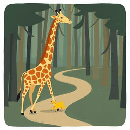In a serene forest setting, a charming giraffe strolls alongside an adorable little yellow cat, both walking along a winding forest path