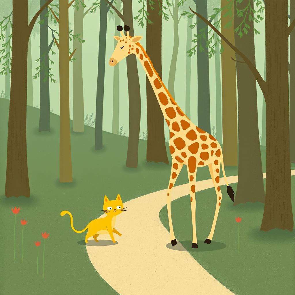 In a serene forest setting, a charming giraffe strolls alongside an adorable little yellow cat, both walking along a winding forest path