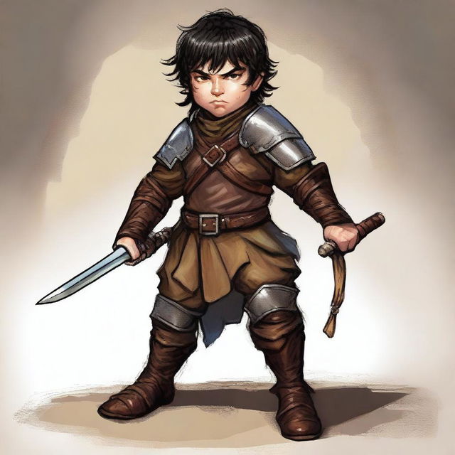 A brave male halfling with fair skin and black hair, clothed in stained, well-worn leather armor