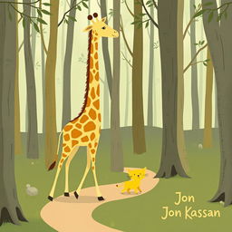 In a serene forest setting, a charming giraffe strolls alongside an adorable little yellow cat, both walking along a winding forest path