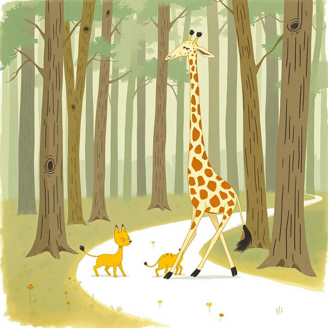 In a serene forest setting, a charming giraffe strolls alongside an adorable little yellow cat, both walking along a winding forest path