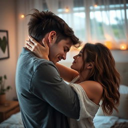 A sensual and intimate scene depicting a young couple in a passionate embrace
