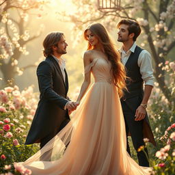 A romantic scene depicting one woman adored by two men, capturing the essence of love and rivalry