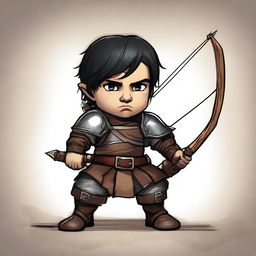 A brave male halfling with fair skin and black hair, clothed in stained, well-worn leather armor