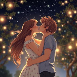 An intimate and romantic scene featuring a young couple in love