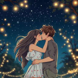 An intimate and romantic scene featuring a young couple in love