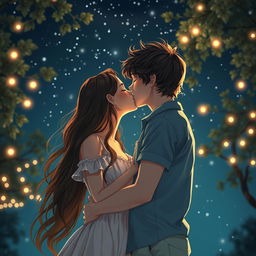 An intimate and romantic scene featuring a young couple in love