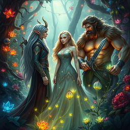 A captivating fantasy scene featuring one woman being admired by two men in an enchanted forest