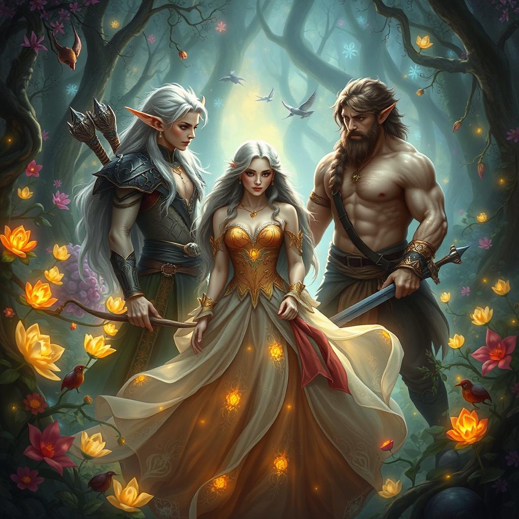 A captivating fantasy scene featuring one woman being admired by two men in an enchanted forest