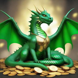 A regal, female Green Dragon, comfortably reclining over her hoard of sparkling gold coins, precious gems and ancient magical items, radiating an aura of power and majesty