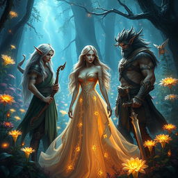 A captivating fantasy scene featuring one woman being admired by two men in an enchanted forest