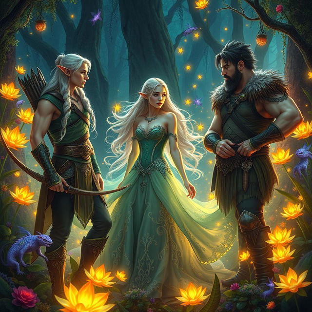 A captivating fantasy scene featuring one woman being admired by two men in an enchanted forest