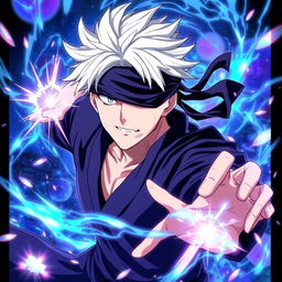 A dynamic and striking depiction of Gojo Satoru, the powerful and enigmatic character from the anime 'Jujutsu Kaisen'
