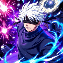 A dynamic and striking depiction of Gojo Satoru, the powerful and enigmatic character from the anime 'Jujutsu Kaisen'