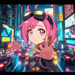 An anime character with vibrant pink hair styled in a unique way, wearing an intricate futuristic outfit glowing with neon accents
