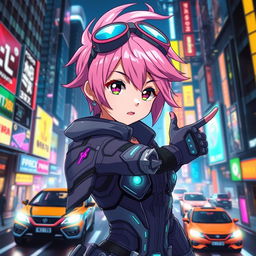 An anime character with vibrant pink hair styled in a unique way, wearing an intricate futuristic outfit glowing with neon accents