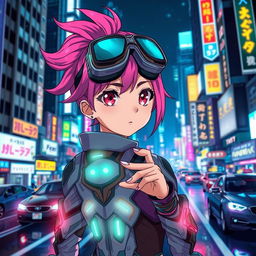 An anime character with vibrant pink hair styled in a unique way, wearing an intricate futuristic outfit glowing with neon accents