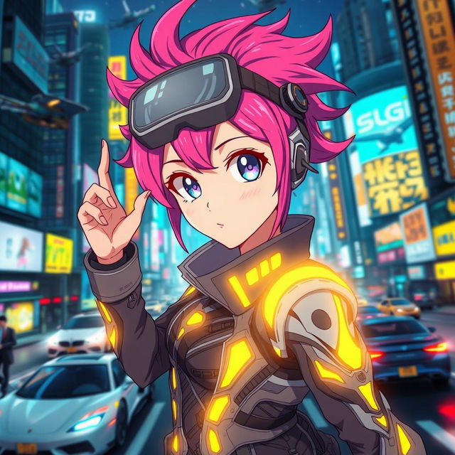 An anime character with vibrant pink hair styled in a unique way, wearing an intricate futuristic outfit glowing with neon accents