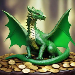 A regal, female Green Dragon, comfortably reclining over her hoard of sparkling gold coins, precious gems and ancient magical items, radiating an aura of power and majesty