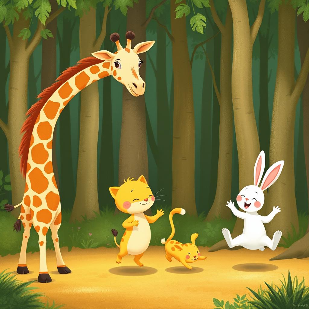 In a lively forest, a lovable giraffe, an adorable small yellow cat, and a charming little white rabbit are joyfully playing together