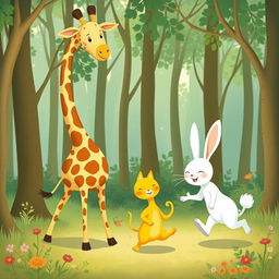 In a lively forest, a lovable giraffe, an adorable small yellow cat, and a charming little white rabbit are joyfully playing together