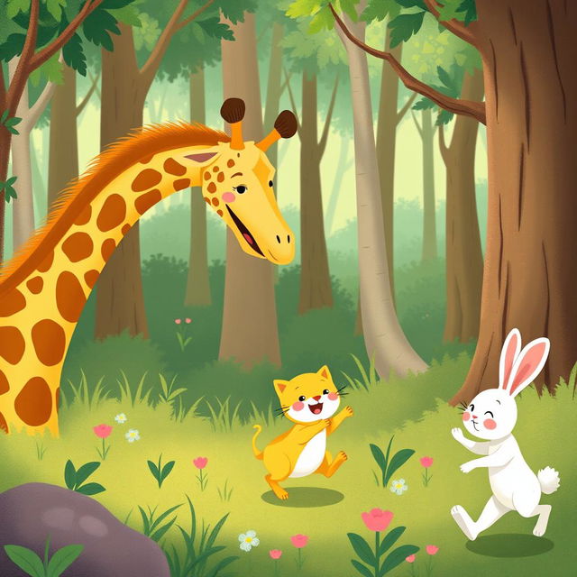 In a lively forest, a lovable giraffe, an adorable small yellow cat, and a charming little white rabbit are joyfully playing together