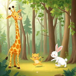 In a lively forest, a lovable giraffe, an adorable small yellow cat, and a charming little white rabbit are joyfully playing together