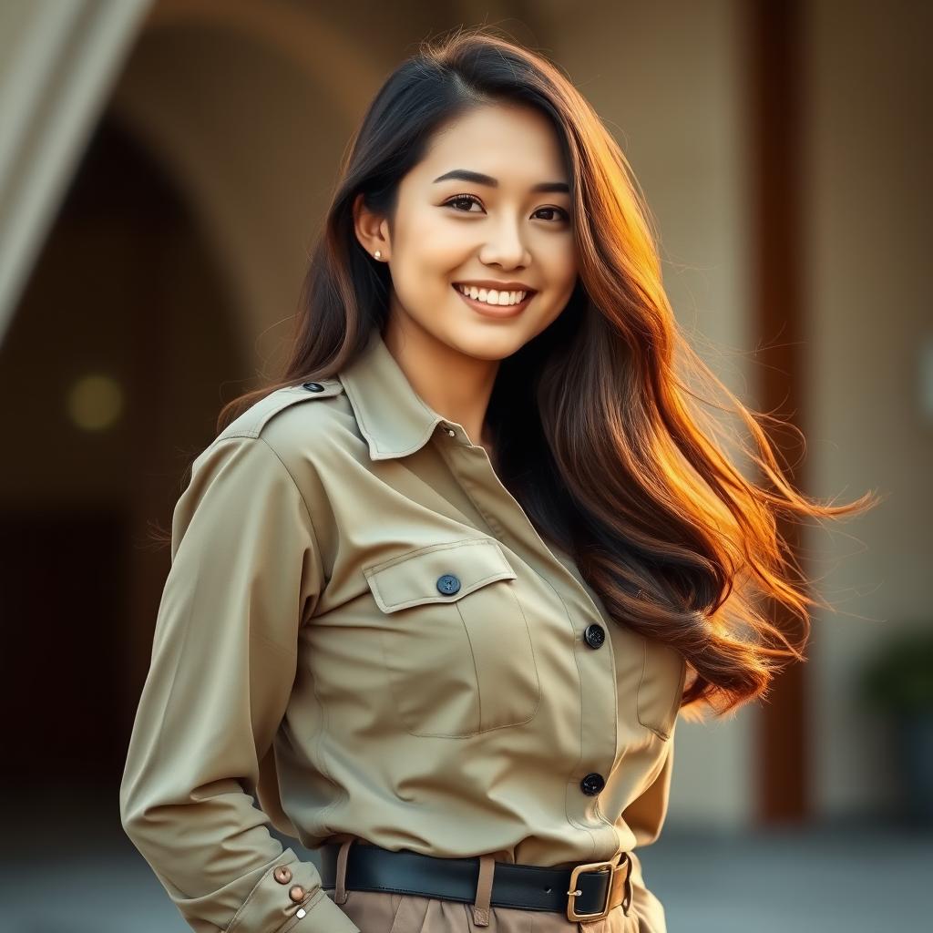 A beautiful Indo-Korean woman with a curvy figure wearing a khaki uniform in a relaxed and alluring pose, exuding confidence and charm