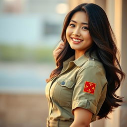 A beautiful Indo-Korean woman with a curvy figure wearing a khaki uniform in a relaxed and alluring pose, exuding confidence and charm