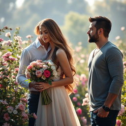 A romantic scene featuring one woman cherished by two men, set in a lush, serene garden filled with blooming flowers and soft sunlight