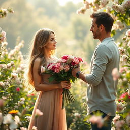 A romantic scene featuring one woman cherished by two men, set in a lush, serene garden filled with blooming flowers and soft sunlight