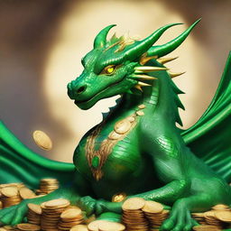 A regal, female Green Dragon, comfortably reclining over her hoard of sparkling gold coins, precious gems and ancient magical items, radiating an aura of power and majesty