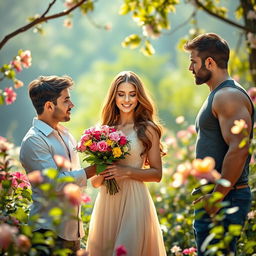 A romantic scene featuring one woman cherished by two men, set in a lush, serene garden filled with blooming flowers and soft sunlight