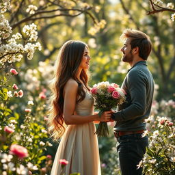 A romantic scene featuring one woman cherished by two men, set in a lush, serene garden filled with blooming flowers and soft sunlight