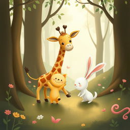 In a whimsical forest scene, a cute giraffe, a charming little yellow cat, and an adorable little white rabbit are playing together joyfully