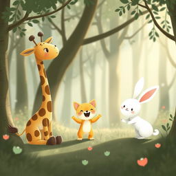 In a whimsical forest scene, a cute giraffe, a charming little yellow cat, and an adorable little white rabbit are playing together joyfully