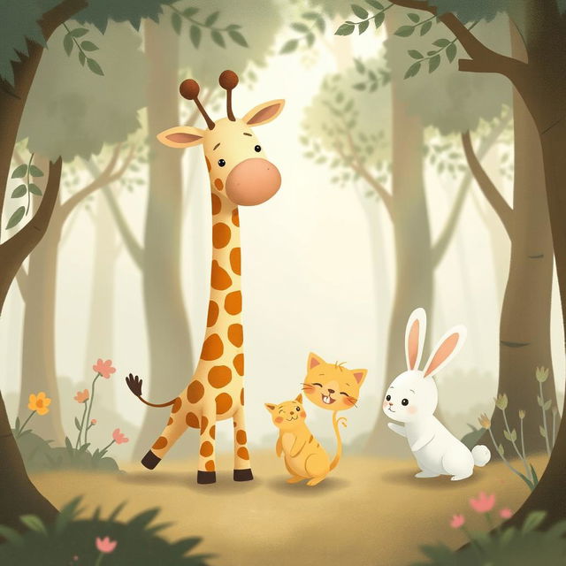 In a whimsical forest scene, a cute giraffe, a charming little yellow cat, and an adorable little white rabbit are playing together joyfully