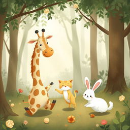 In a whimsical forest scene, a cute giraffe, a charming little yellow cat, and an adorable little white rabbit are playing together joyfully