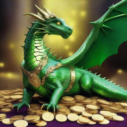 A regal, female Green Dragon, comfortably reclining over her hoard of sparkling gold coins, precious gems and ancient magical items, radiating an aura of power and majesty