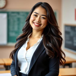 A beautiful Indo-Korean woman with a curvy figure, portraying a relaxed and alluring teacher